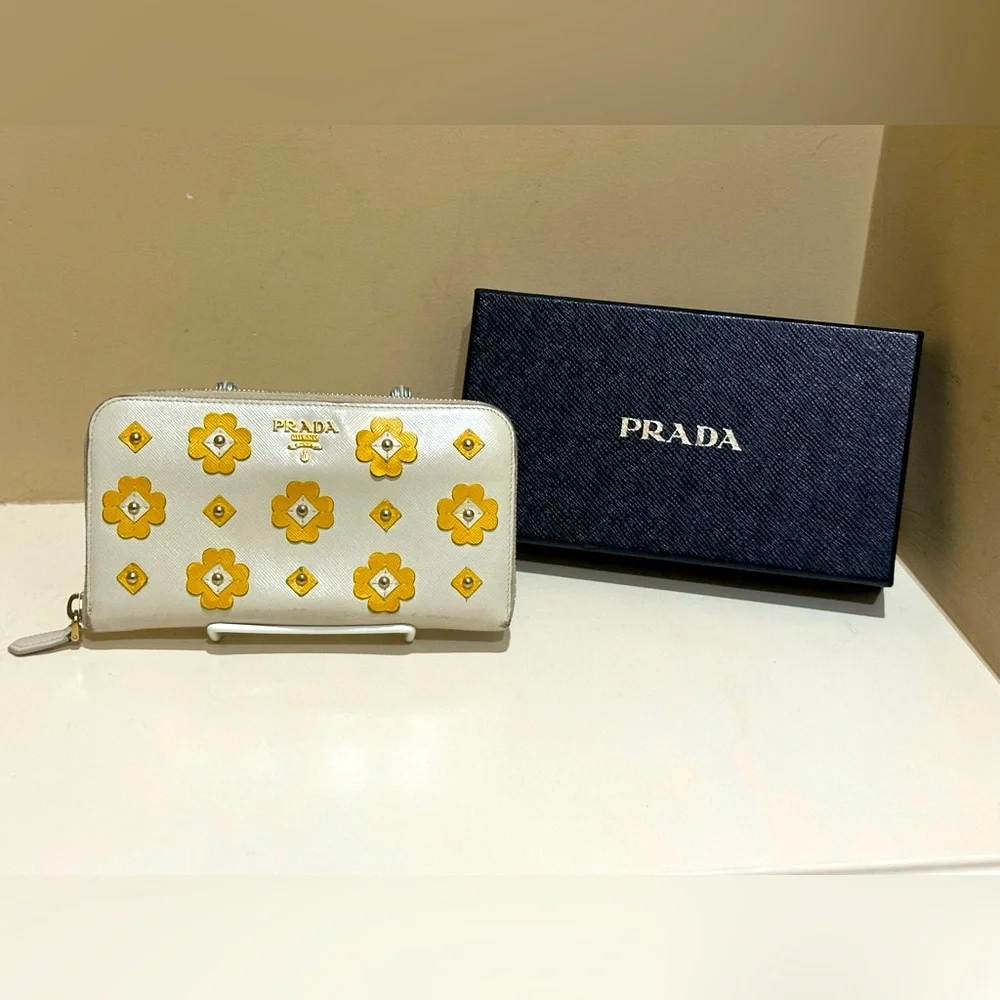 Prada Saffiano Fiori Zip-around Wallet with box